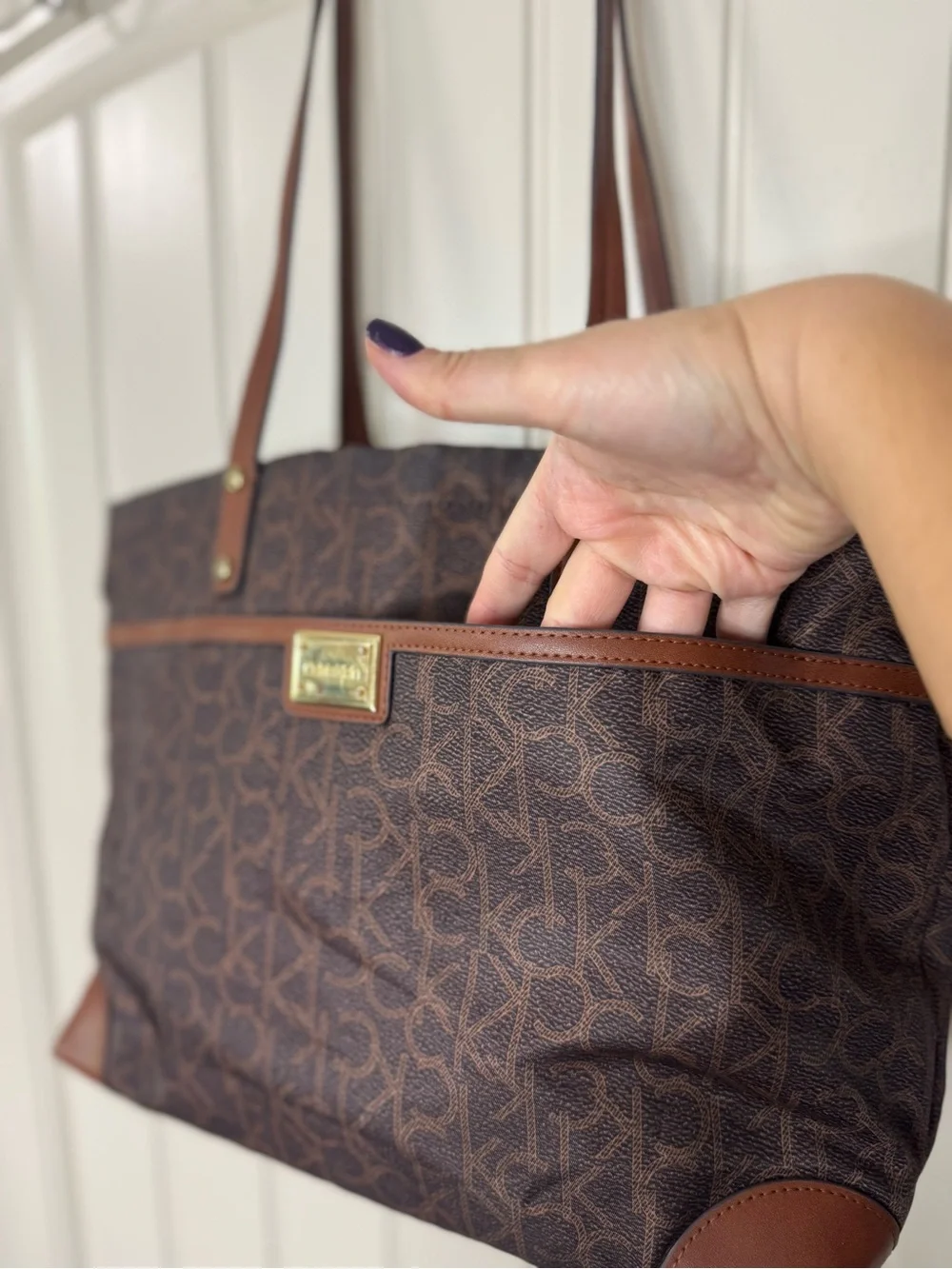 CALVIN KLEIN 🌟 Brown, Gold Monogram Logo Shoulder Tote, Dual Straps - Like NEW